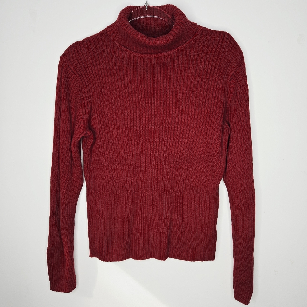 Vintage 100% Cotton Ribbed Turtleneck Sweater Size M Red Fall Preppy Y2K